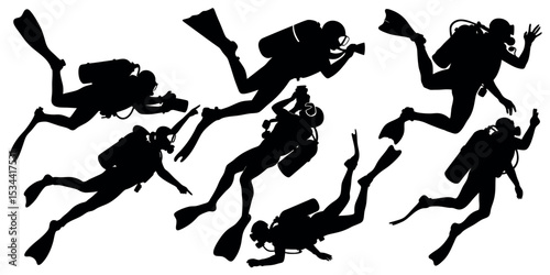 Vector art of a collection of scuba divers, isolated on white background, captured in dynamic silhouettes, showcasing underwater exploration and photography