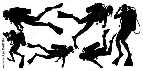 Vector art of silhouetted scuba divers, isolated on white background, gracefully navigate the underwater world in a dynamic display of aquatic exploration