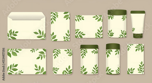 Elegant stationary and cosmetic packaging mockup with green leaf watercolor design and blank space