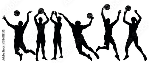 Vector art of silhouetted volleyball players, isolated on white background, dynamically leap and spike the ball in a powerful display of athleticism