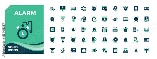 Alarm colorful solid icon set. Pictograms of timer, watch, clock, alert, fire alarm and more. Fire Alarm modern icon set. Editable vector illustration.