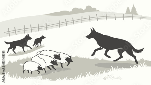 Sheep Herding Dogs Guiding Flock in Rural Field Landscape - Farm Animals Working Together
