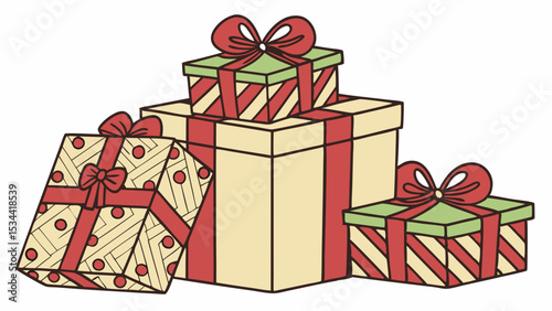 Group of colorful wrapped gift boxes with red ribbons and bows for Christmas holiday birthday celebration and presents