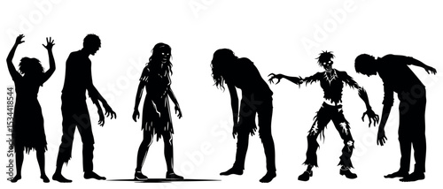 Vector art of five shadowy zombie figures, isolated on white background, in various poses of decay and aggression, a vector illustration