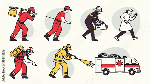 Emergency Service Firefighters Medical Team and Fire Truck Illustration