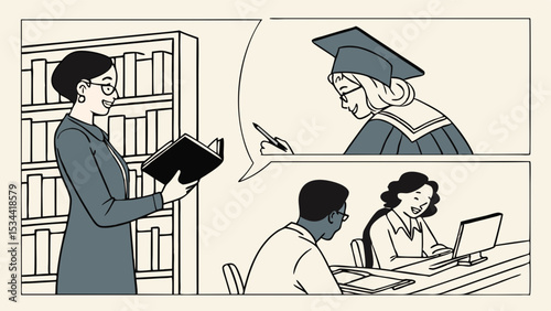 Teacher librarian reading book students studying learning education future graduation goals success