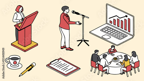 Business Meeting Presentation Public Speaking Data Analysis Teamwork Professional Set
