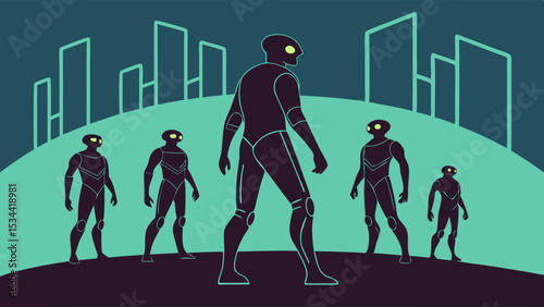 Dark silhouette of futuristic robots group in front of city skyline. AI technology, science fiction future concept.