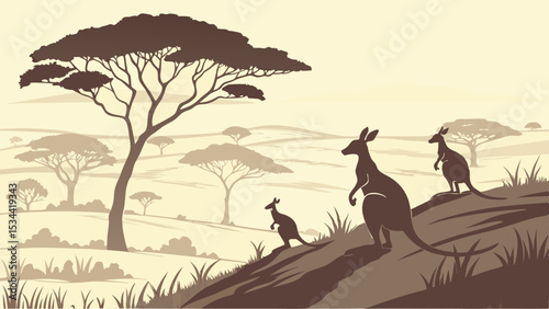 Kangaroos in Australian outback landscape silhouette sepia tone family group wildlife nature travel tourism bush animal