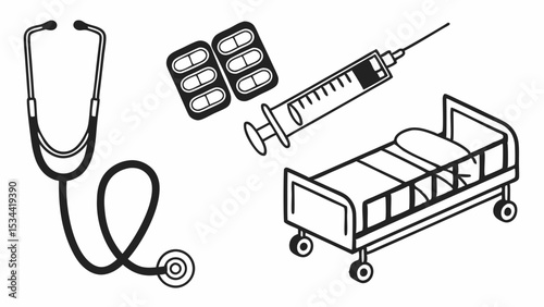 Medical Healthcare Stethoscope Pills Syringe Hospital Bed Treatment Health Concept