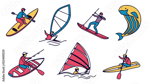 Water sports vector set kayaking windsurfing paddleboarding summer outdoor activity