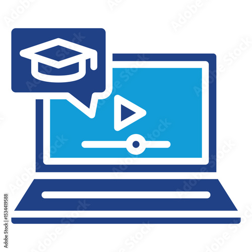 E-Learning Dual Tone Color Fill Silhouette Icon - Laptop with graduation cap and play button symbolizing digital training or online courses for trainees