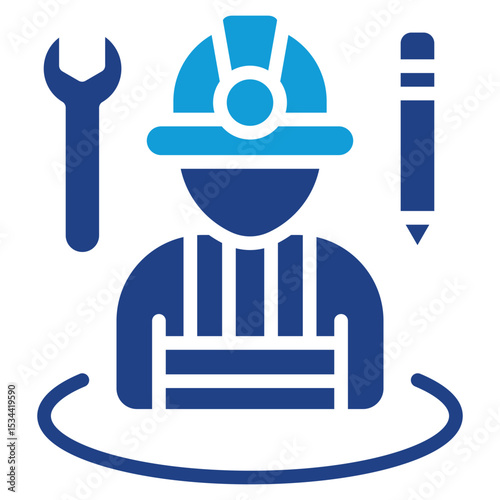 Field Training Dual Tone Color Fill Silhouette Icon - Trainee with helmet, wrench, and pencil symbolizes on-site or practical field training