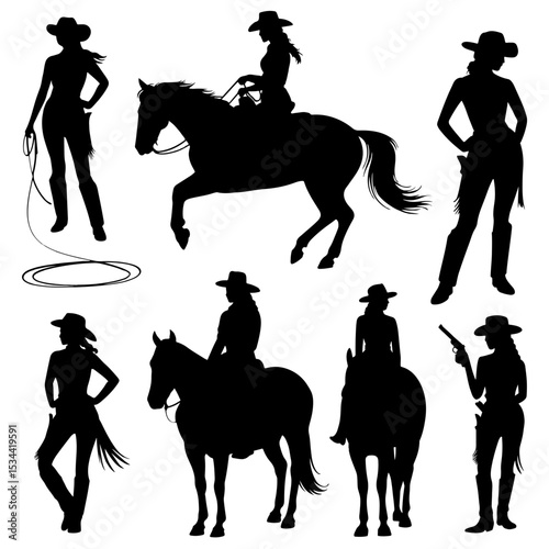 Silhouettes of cowgirls with horses and weapons
