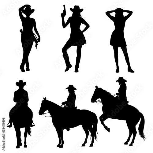 Silhouettes of cowgirls and horses in various poses