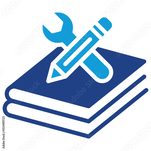 Practical Training Dual Tone Color Fill Silhouette Icon - Books with wrench and pencil represent hands-on or applied learning activities for trainees
