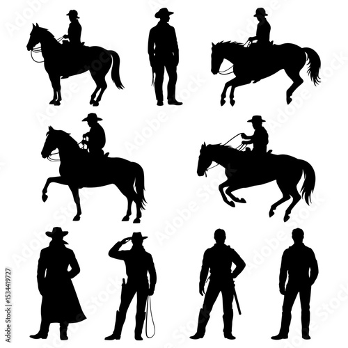 Silhouettes of cowboys and horses in various poses