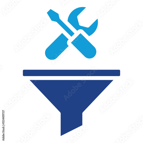 Skill Filtering Dual Tone Color Fill Silhouette Icon - Funnel and tools symbolize filtering or narrowing down skills to train during trainee selection