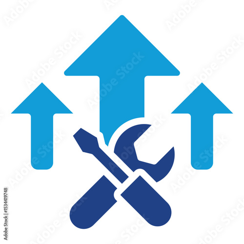 Skill Growth Dual Tone Color Fill Silhouette Icon - Wrench and arrows pointing up represent improving technical skills and career advancement for trainees
