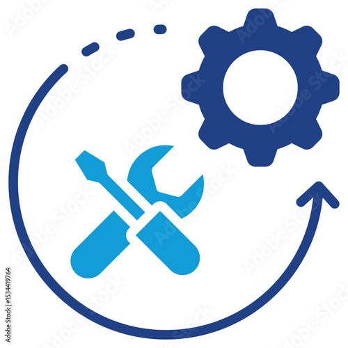 Skill Progress Dual Tone Color Fill Silhouette - Gear and arrow with wrench symbolizing growth and improvement in trainee technical skills