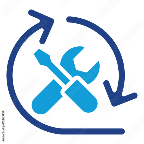 Skill Rotation Dual Tone Color Fill Silhouette Icon - Circular arrows and tools represent rotating tasks or skill training in different areas for trainees
