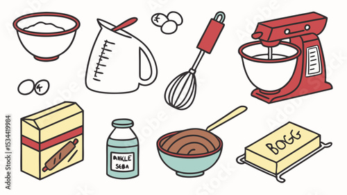Baking ingredients and kitchen tools for homemade dessert preparation. Flour eggs butter mixer whisk and measuring cup for cooking sweet recipes.