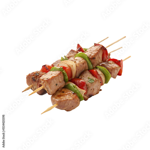 Delicious Grilled Meat and Vegetable Kabobs and shish kebab on skewers with transparent background.
