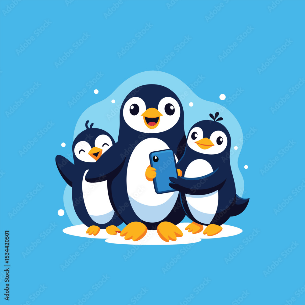 Naklejka premium Penguin Family Standing Together – Cute Animal Vector Scene