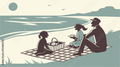 Family picnic on the beach. Father and children enjoying summer leisure time by the sea. Happy vacation day.