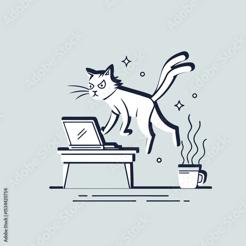 Curious Cat Knocking Over Coffee – Office Desk Scene Line Art