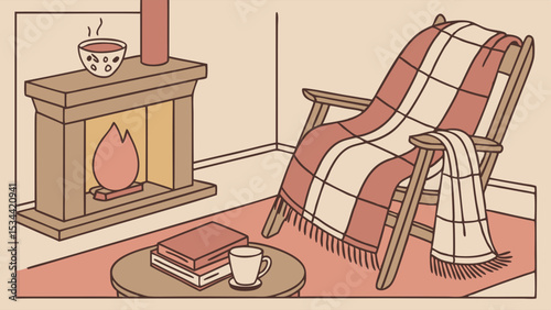 Cozy home interior illustration with fireplace, warm blanket, chair, books, and coffee. Relaxation comfort scene.
