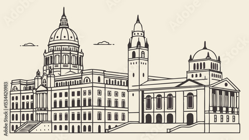 State Capitol Building Line Art Illustration Vector Architecture Government Politics Law Landmark Sketch Drawing