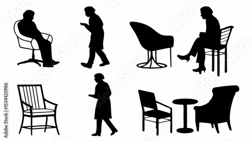 Architectural and interior design vector silhouettes of people and furniture chairs table isolated on white