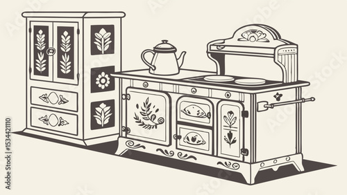 Retro Kitchen Stove And Cabinet Illustration Vintage Style Black And White Line Art Drawing For Interior Design