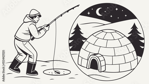 Winter night ice fishing scene with man and igloo in snowy landscape.