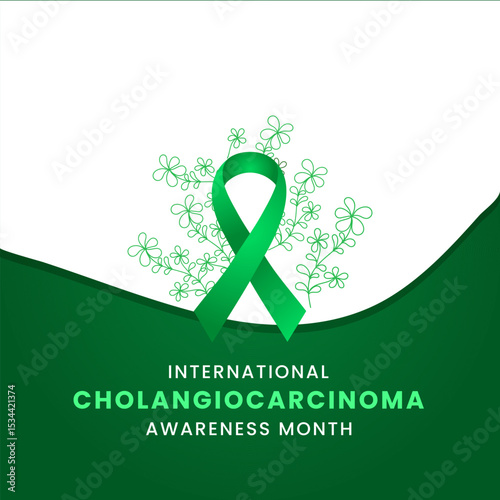 Green ribbon with flower awareness graphic for International cholangiocarcinoma Awareness Month.