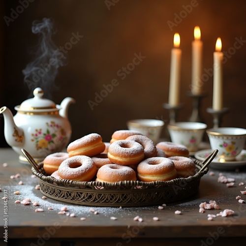 Deliciously Decorated Donuts and Tea Set on a Rustic Table
