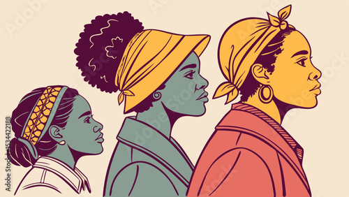 Diverse Group of Three Black Women Profile Illustration Wearing Headscarves Headwraps Community Unity Graphic Art