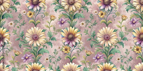 Beautiful floral wallpaper featuring daisies and violets on a soft pastel background.
