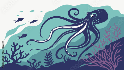 Cute Cartoon Octopus Swimming Underwater with Fish and Coral Reef Vector Illustration Ocean Marine Life Seascape Art