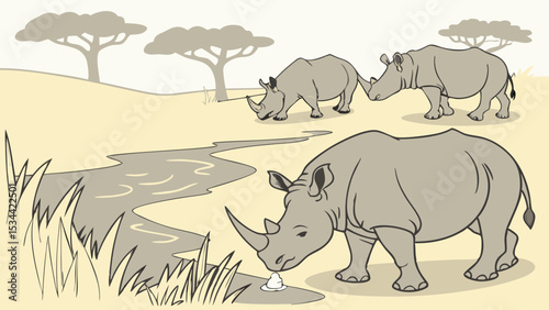 African Rhinos in Savanna Nature Landscape Drinking Water from River Wildlife Scene Illustration Drawing