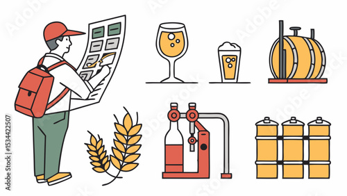 Craft beer production and tasting icons set with person, brewery equipment, ingredients, and drinks vector.