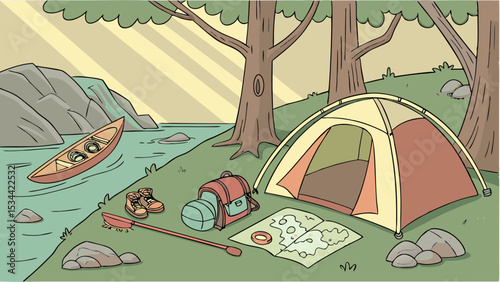 Outdoor camping adventure scene with tent, canoe, backpack, map, compass, and hiking boots by a river in nature.