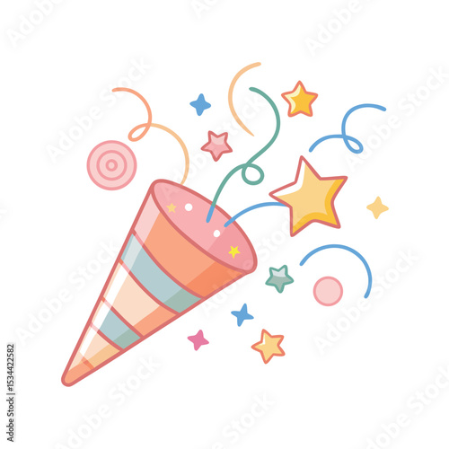 Festive party popper with confetti and stars vector illustration for celebrations