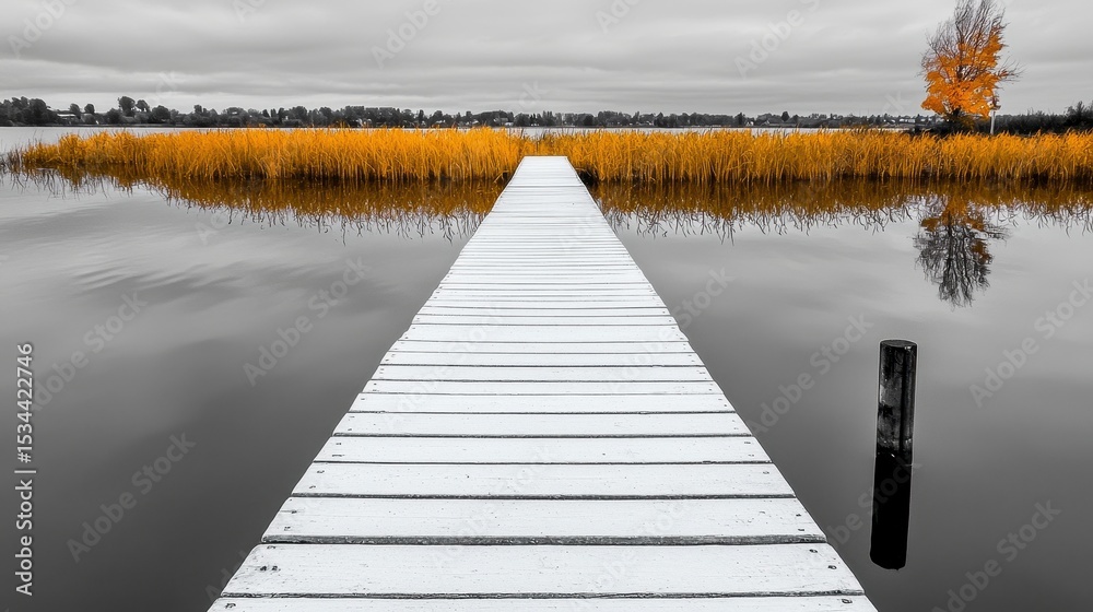 Fototapeta premium Serene Autumn Lake Scene White Dock and Golden Reeds under Gray Sky