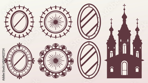 Vintage Oval Frames Set with Ornaments and Orthodox Church Silhouette Retro Decorative Design Elements Collection