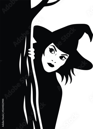 Mysterious Witch Peeking from Behind a Tree Spooky Halloween Illustration