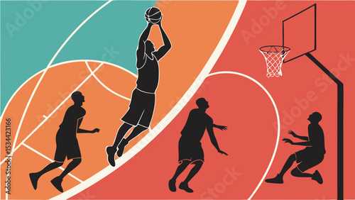 Dynamic basketball game action illustration players shooting defending on court sport competition flat design vector graphic