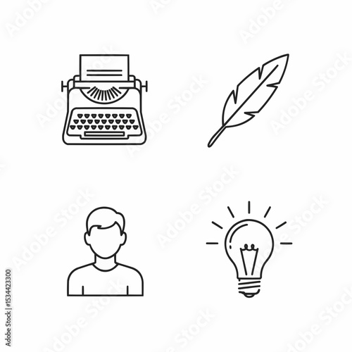 Creative Writing Inspiration with Typewriter, Feather Pen, and Idea Concept Icons

