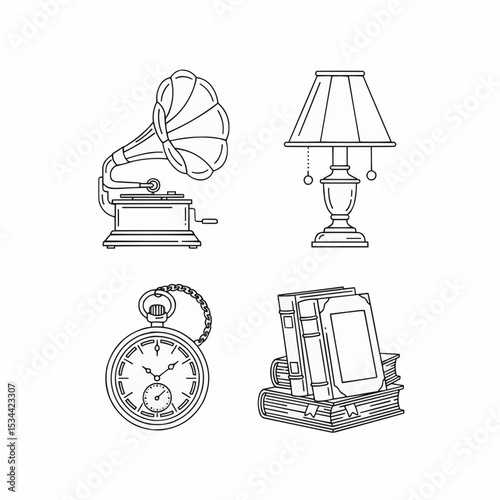 Vintage Line Art of Gramophone, Lamp, Pocket Watch, and Books

